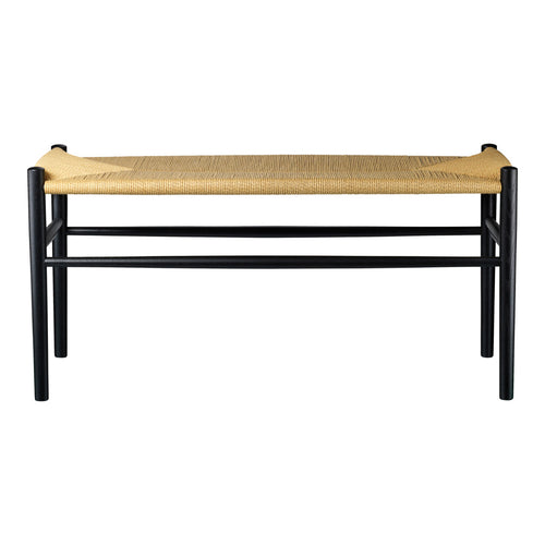 Natural woven seat with a black frame design. Neutral tones and minimalist pattern enhance any decor.