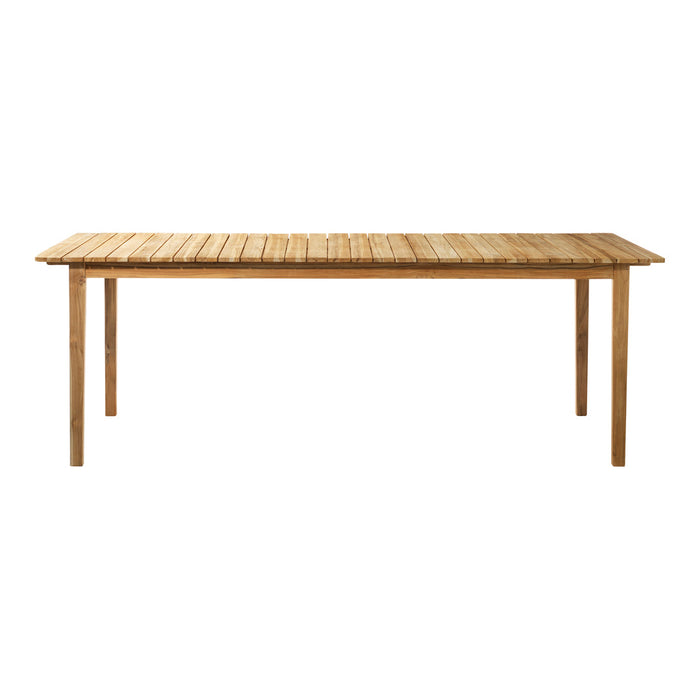 Natural wood dining table with a smooth, light brown finish and slatted pattern. Ideal for rustic decor.