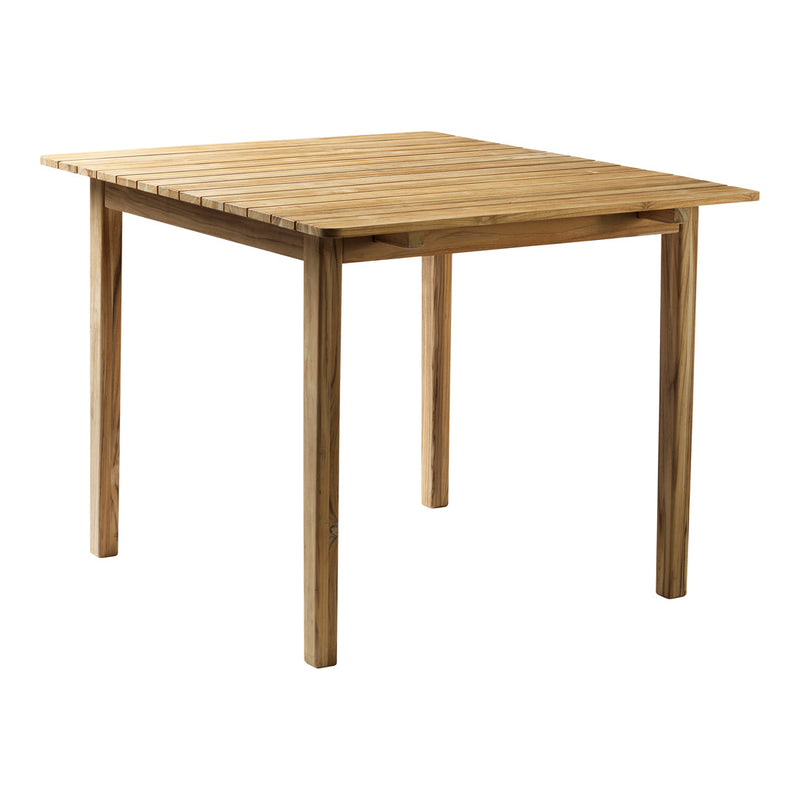 Light brown wooden table with a slatted top and smooth finish, perfect for indoor or outdoor dining.