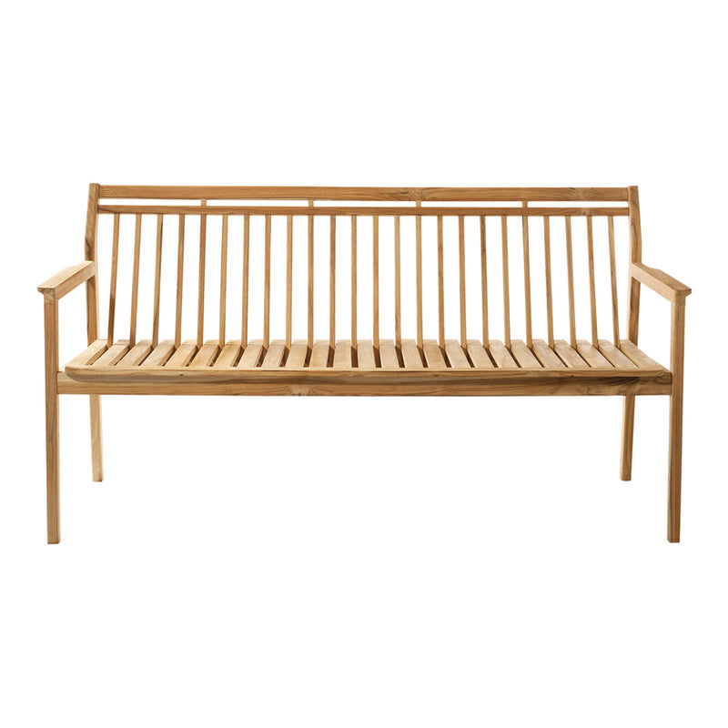 Light brown wooden bench with vertical slats and armrests, showcasing a natural finish and minimalist design.