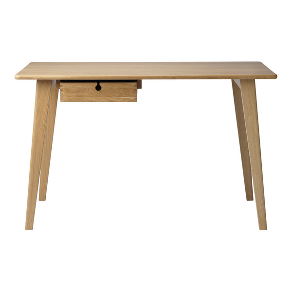 Light natural wood desk with a minimalist design and a single drawer, showcasing a smooth, clean finish.