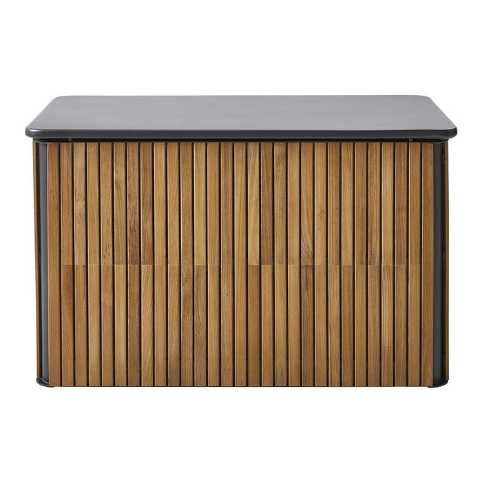 Natural wood tones with vertical slats and a sleek black top, offering a modern and stylish look.