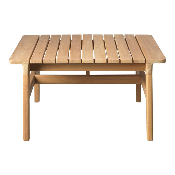 Natural wood coffee table with a slatted design, featuring a light beige color for a modern, minimalist look.
