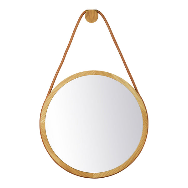Round mirror with a natural wood frame and a minimalist tan leather strap, featuring a clean, clear reflective surface.