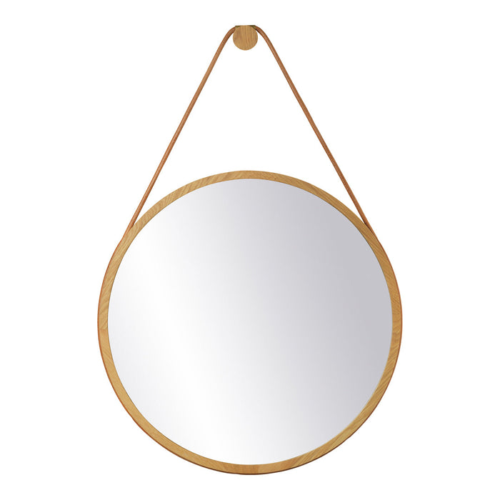 Round mirror with a minimalist wooden frame and a simple leather hanging strap, showcasing natural tones and a sleek design.
