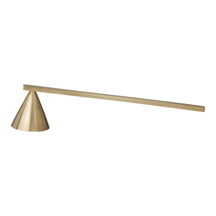 Stylish brass desk lamp with a sleek cone base and linear arm, featuring a minimalist design and warm metallic tones.