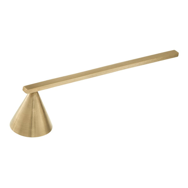 Modern brass doorstop with a sleek conical base and minimalist flat handle, showcasing a polished gold finish.