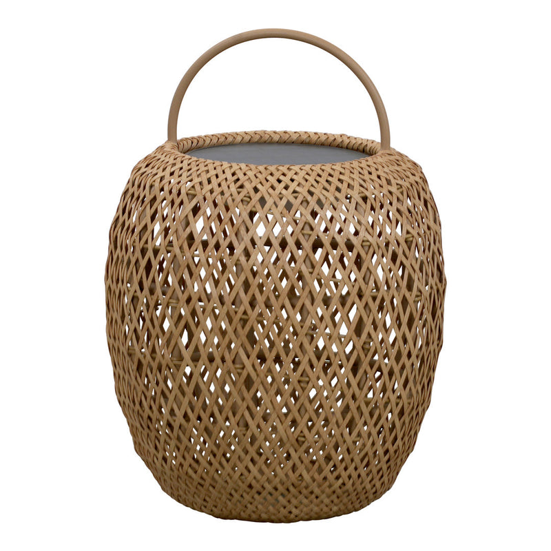 Woven natural rattan basket with a round shape and diamond-patterned texture, featuring an elegant handle.