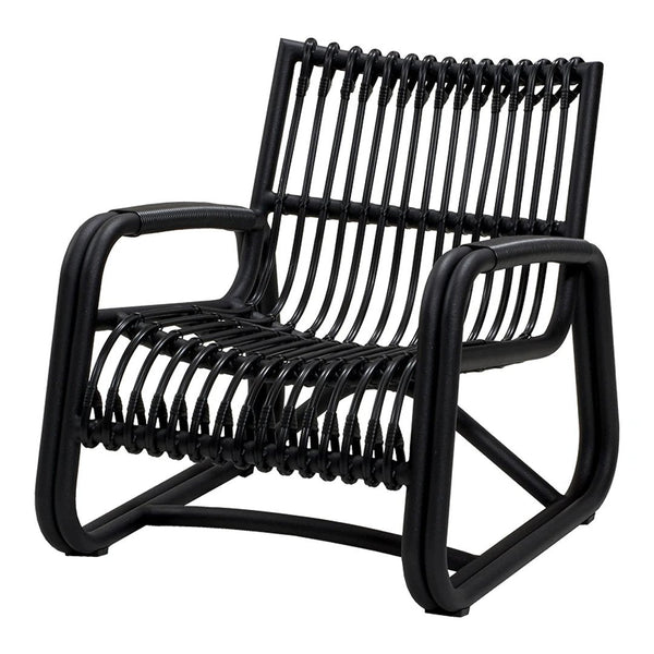Black woven chair with striped pattern and modern design, perfect for contemporary decor.