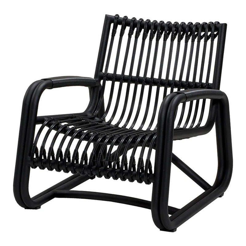 Black woven chair with striped pattern and modern design, perfect for contemporary decor.