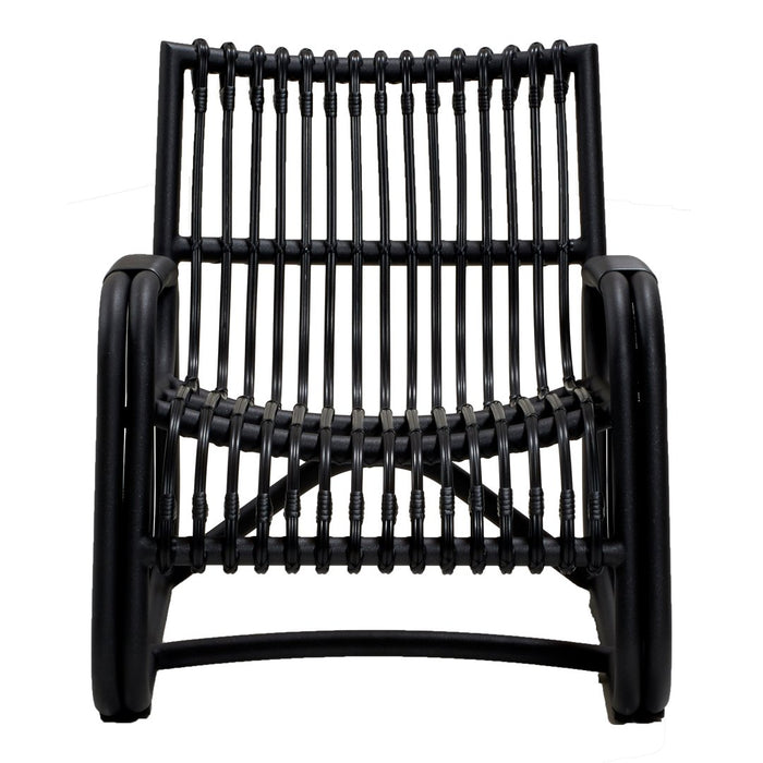 Black woven chair featuring a sleek, modern design with vertical and horizontal patterns. Perfect for contemporary decor.