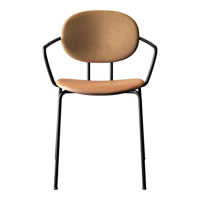 Brown upholstered chair with a minimalist design and black metal legs for a modern touch.