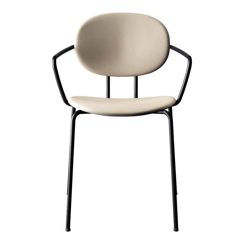 Beige upholstered chair with a minimalist black metal frame and curved backrest design.