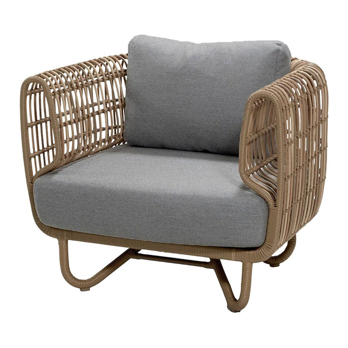 Gray cushion chair with a woven rattan frame in a natural beige color, featuring a modern and stylish design.
