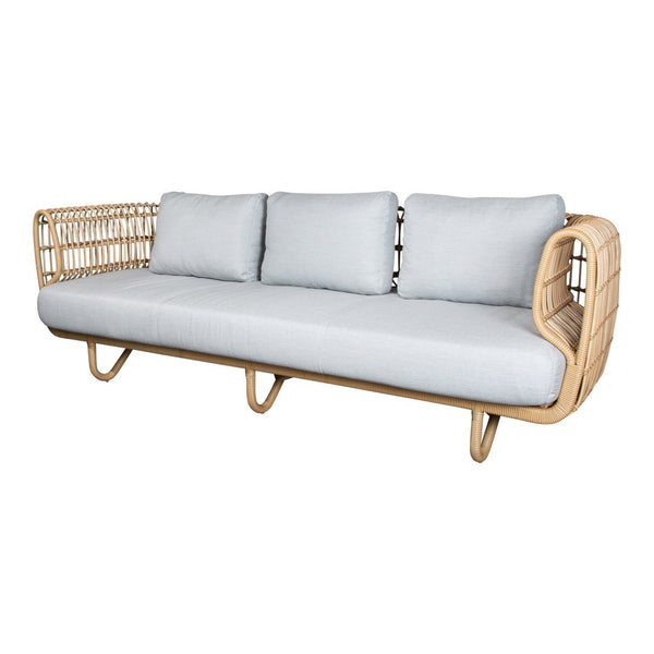 Modern rattan sofa with light gray cushions and a natural wood frame, featuring a minimalist design.
