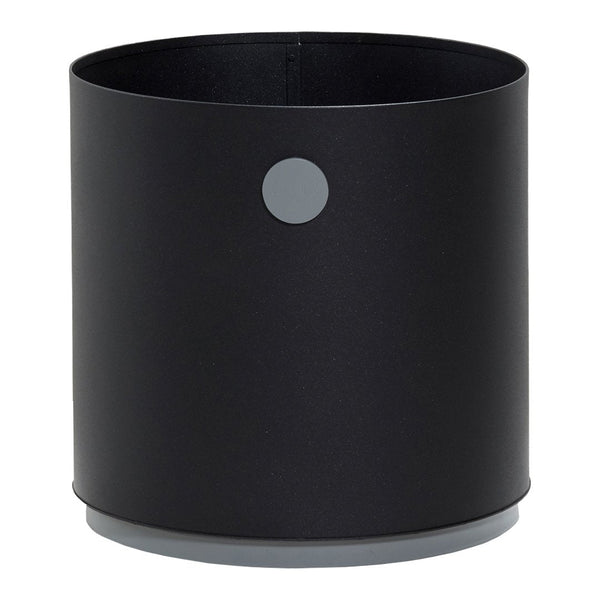 Black cylindrical planter with a smooth matte finish and a complementary grey circular accent.