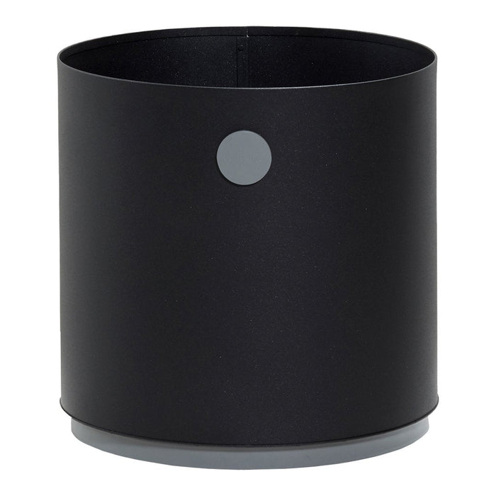 Black cylindrical planter with a smooth matte finish and a complementary grey circular accent.