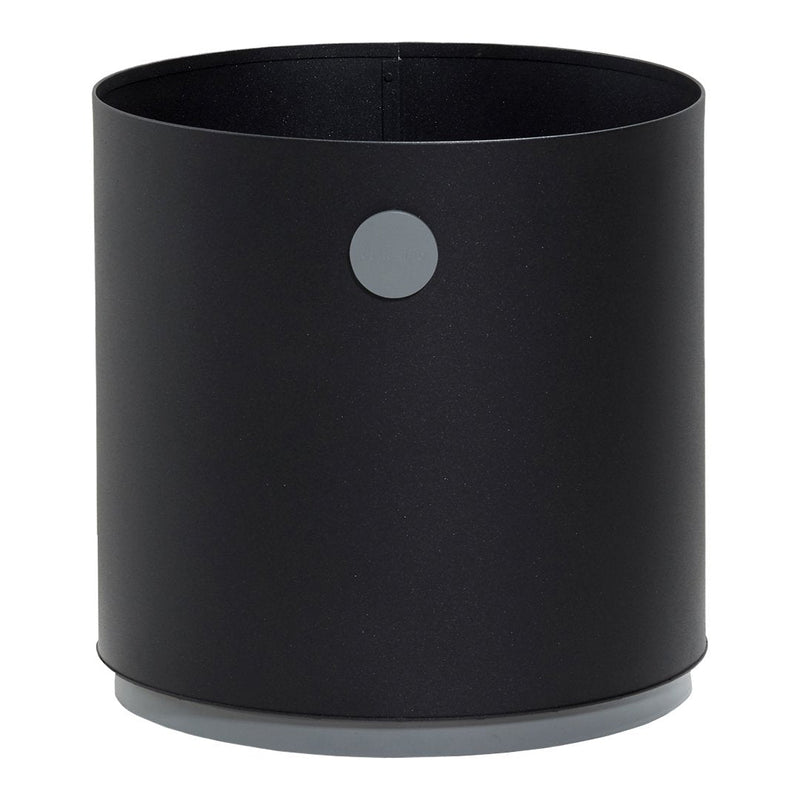 Black cylindrical planter with a smooth matte finish and a complementary grey circular accent.