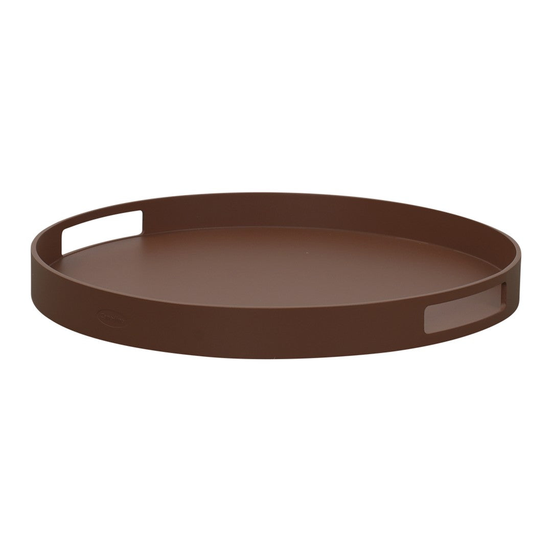 Round, dark brown tray with sleek, minimalist design and cut-out handles for easy lifting. Perfect for any decor.