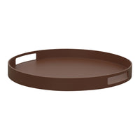 Round, dark brown tray with sleek, minimalist design and cut-out handles for easy lifting. Perfect for any decor.