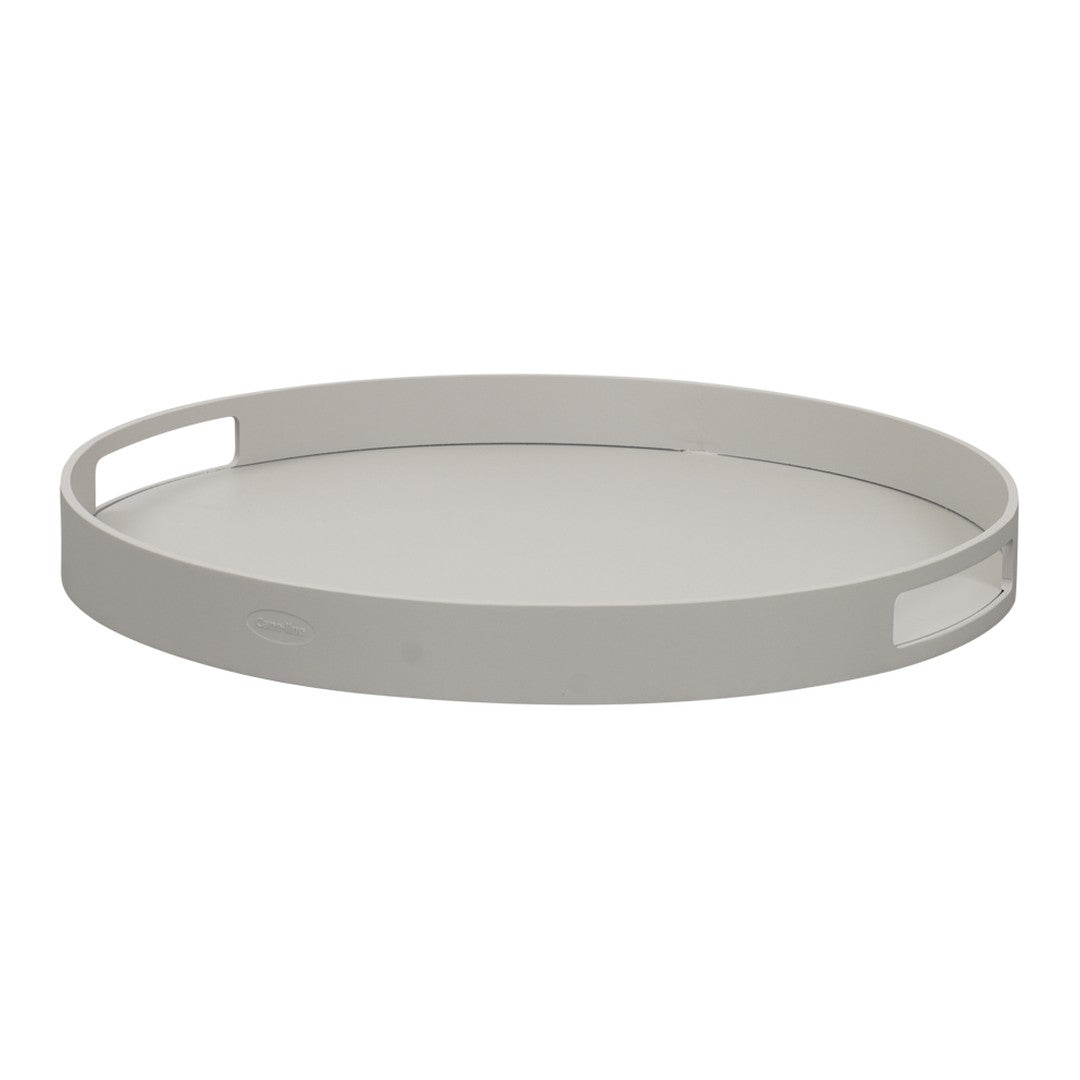 Light gray round tray with a smooth surface and cut-out handles, perfect for modern decor.