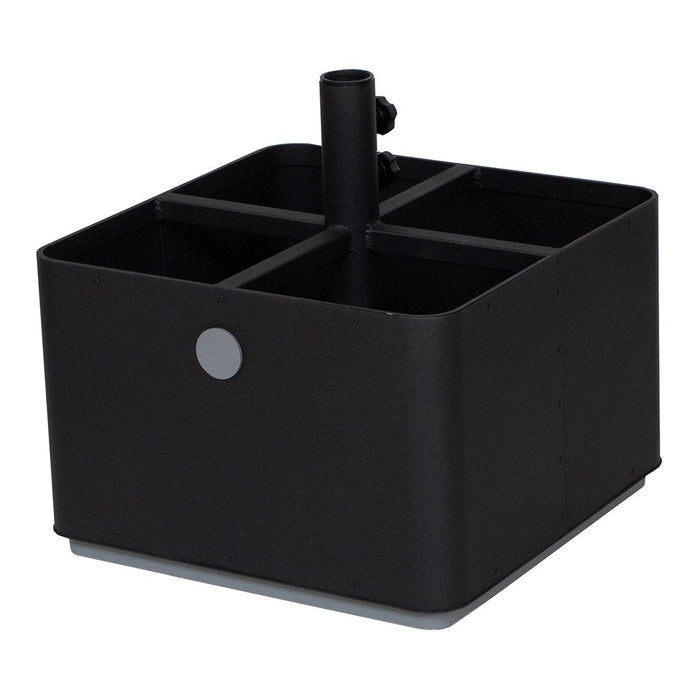 Black square organizer with a sleek matte finish and minimalistic design. Features four compartments and a central tube.