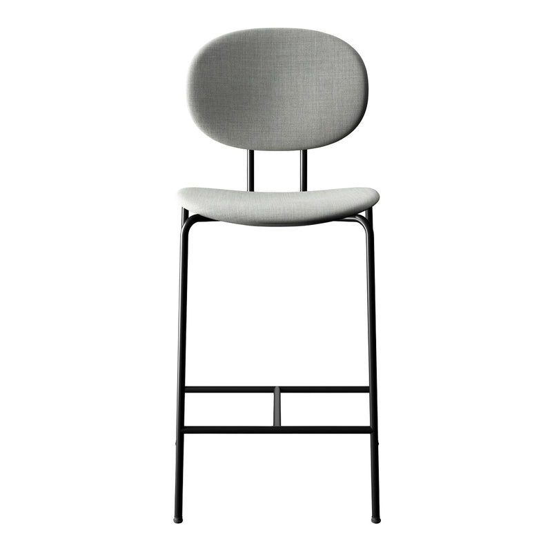 Gray upholstered bar stool with a minimalist design and black metal frame. Ideal for modern interiors.