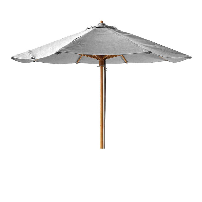 Gray outdoor umbrella with a sleek design and wooden pole, featuring a solid color canopy for effective sun protection.