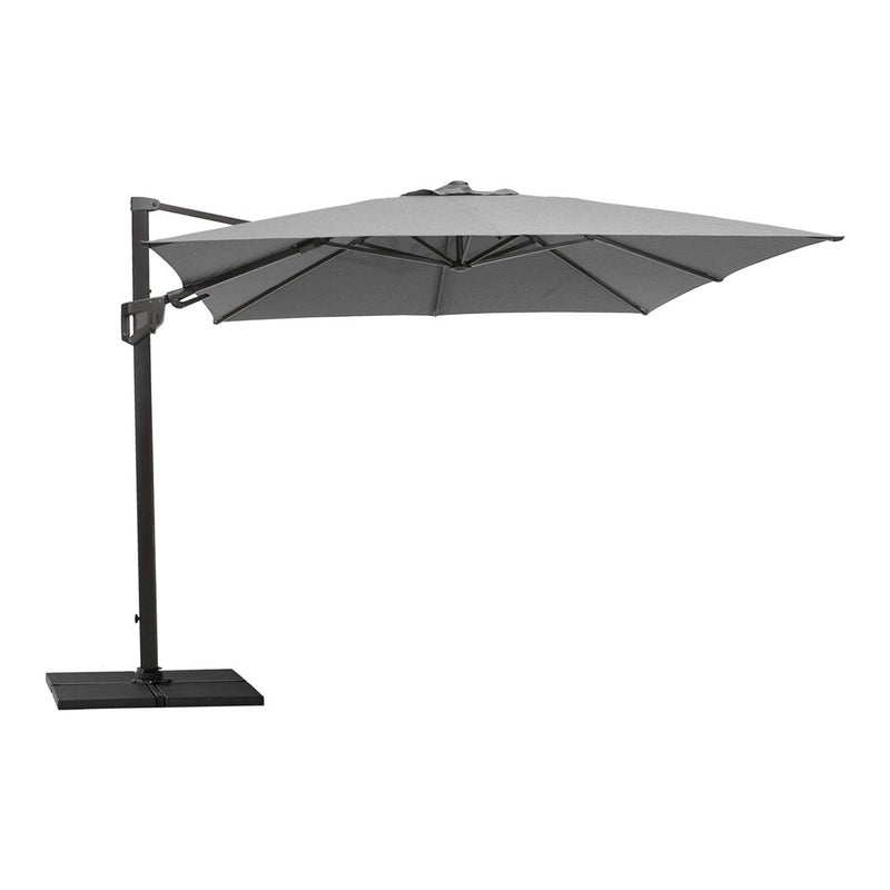 Grey outdoor umbrella with a sleek design and sturdy black base, perfect for modern patio decor.