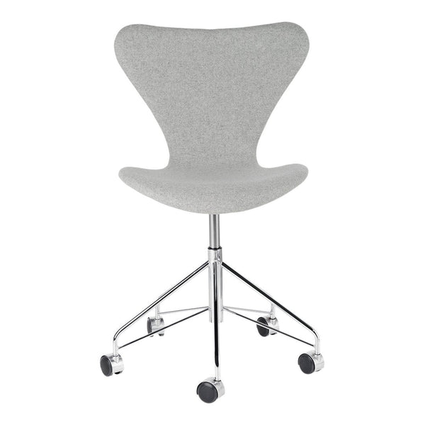 Light gray, textured fabric office chair with a sleek chrome base and rolling wheels, perfect for modern workspaces.