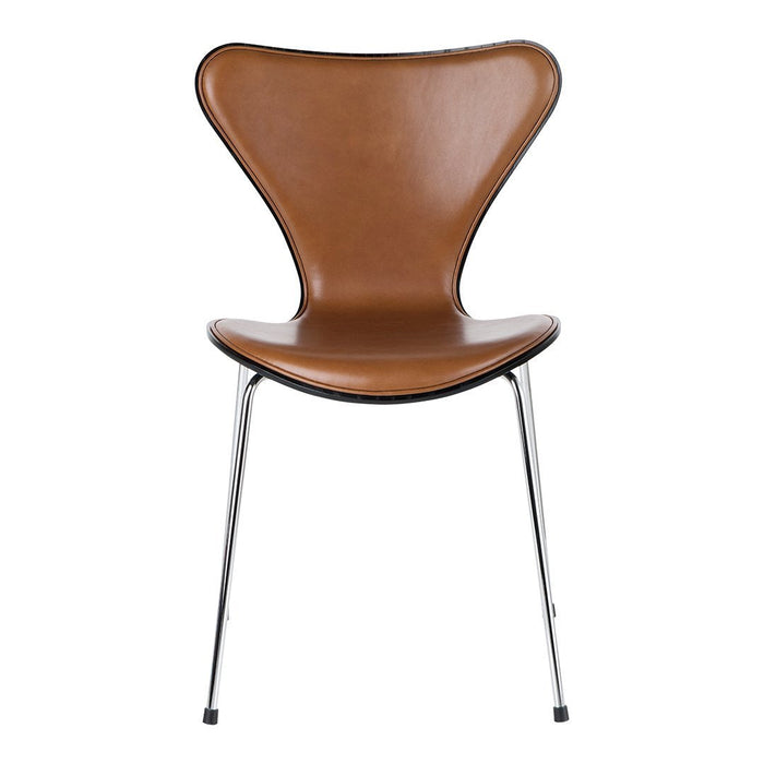 Brown leather chair with a sleek, modern shape and chrome legs, showcasing a smooth, minimalist design.