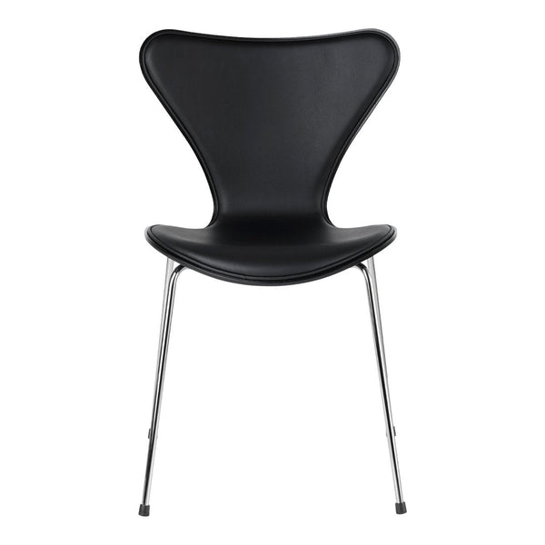 Black chair with a sleek, curved design and chrome legs, featuring a smooth, modern finish. Perfect for contemporary spaces.