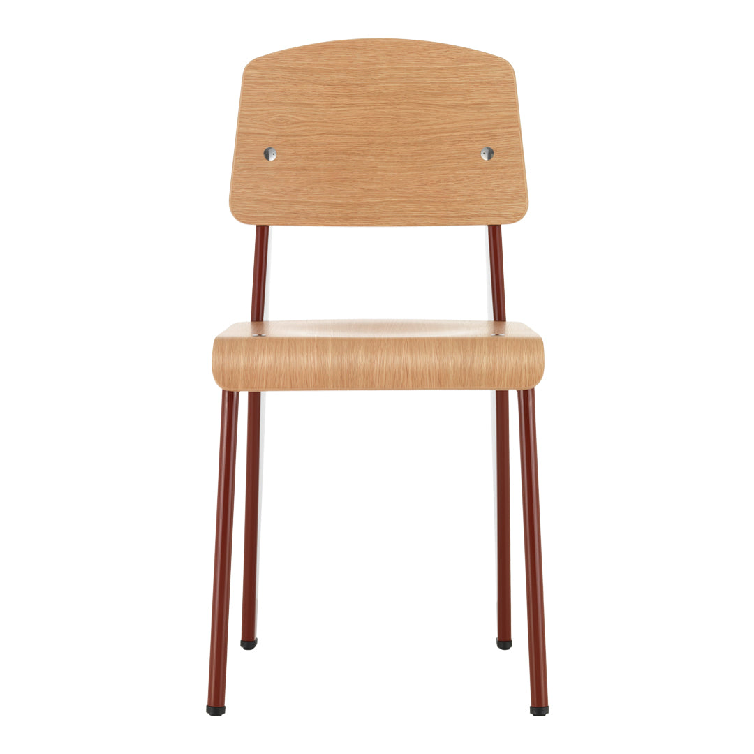 Natural wood finish with a smooth texture, complemented by dark red metal legs, creating a modern and minimalist look.