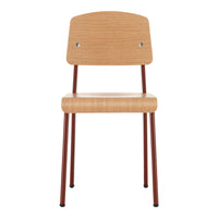 Natural wood finish with a smooth texture, complemented by dark red metal legs, creating a modern and minimalist look.