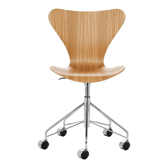 Wooden chair with a natural wood finish and sleek chrome base, featuring a smooth, curved design and rolling wheels.