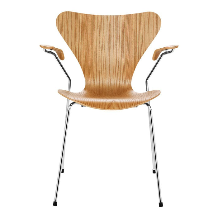 Light wood chair with a sleek, curved design and polished chrome legs. Natural wood grain pattern enhances modern decor.