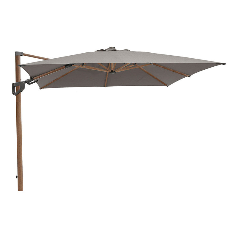 Gray garden umbrella with a sleek, modern design and a subtle texture, paired with a natural wood frame.
