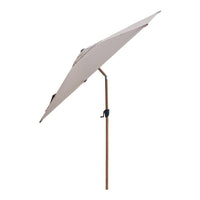 Beige patio umbrella with a simple, solid design and a brown wooden stand, ideal for outdoor relaxation.