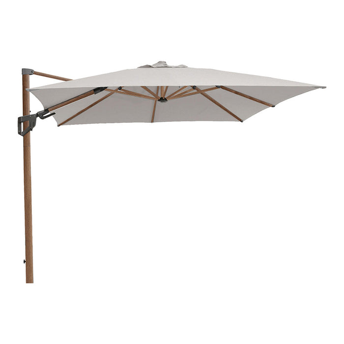 Large outdoor umbrella in solid beige with a wooden frame, featuring a sleek, modern design and broad, UV-protective canopy.