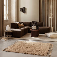 Soft beige shag rug with textured fringe, complementing a warm-toned living room with brown and neutral accents.