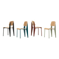 Four modern chairs featuring natural wood seats and legs in black, teal, burgundy, and olive green.