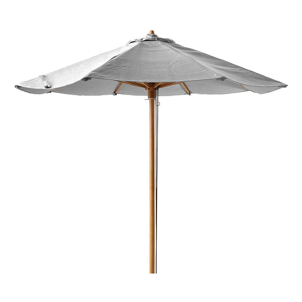 Grey patio umbrella with a sleek design and natural wood pole; perfect for outdoor shade.