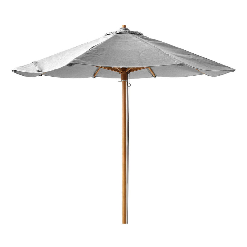 Grey patio umbrella with a sleek design and natural wood pole; perfect for outdoor shade.