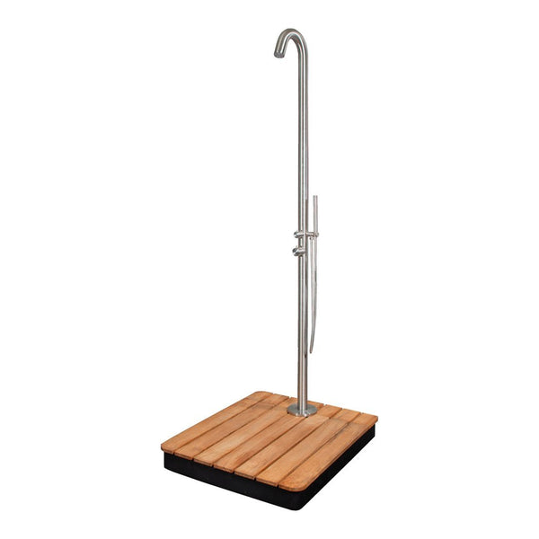 Outdoor shower with a sleek stainless steel fixture and natural wood-grain patterned base on a black platform.