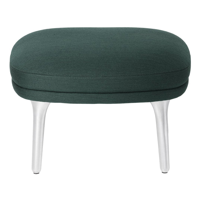 Green upholstered ottoman with a smooth finish and sleek silver legs, featuring a modern, minimalist design.