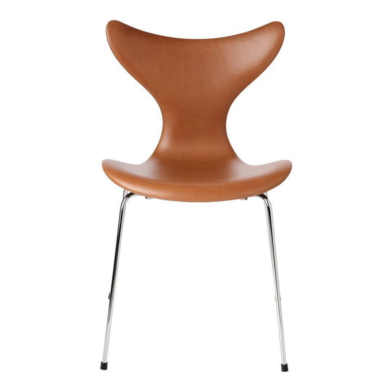 Brown molded chair with a unique hourglass shape and chrome legs, featuring a smooth, glossy finish.