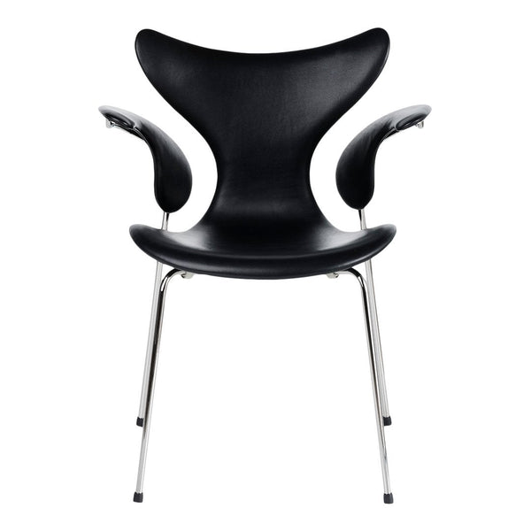 Black modern chair with sleek lines and chrome accents, perfect for contemporary interiors. 