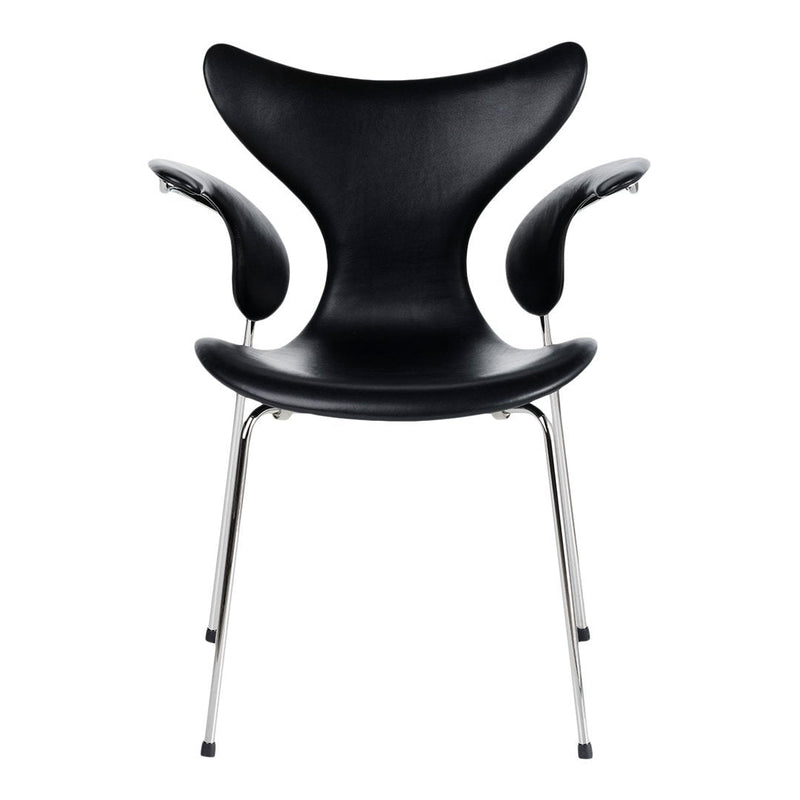 Black modern chair with sleek lines and chrome accents, perfect for contemporary interiors. 
