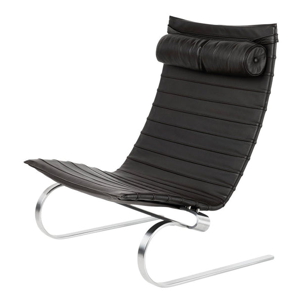 Black slatted chair with a curved design and chrome base, featuring a sleek rolled cushion for added comfort.