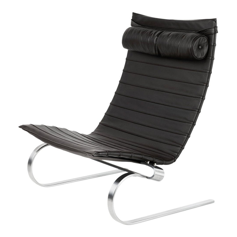 Black slatted chair with a curved design and chrome base, featuring a sleek rolled cushion for added comfort.
